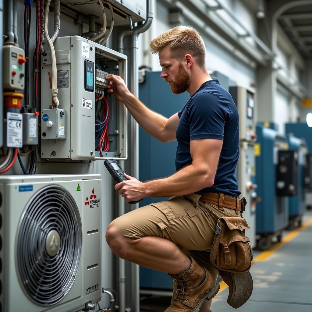 Mechanic installing a split system air conditioner in a warehouse to showcase installation benefits.