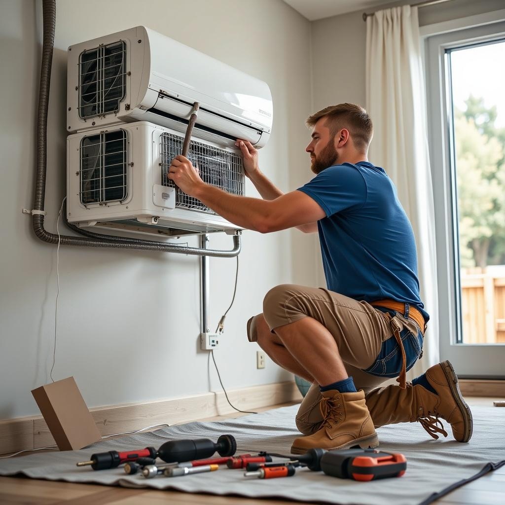 Mechanic kneeling on floor with tools, installing an indoor split system AC to showcase installation benefits.