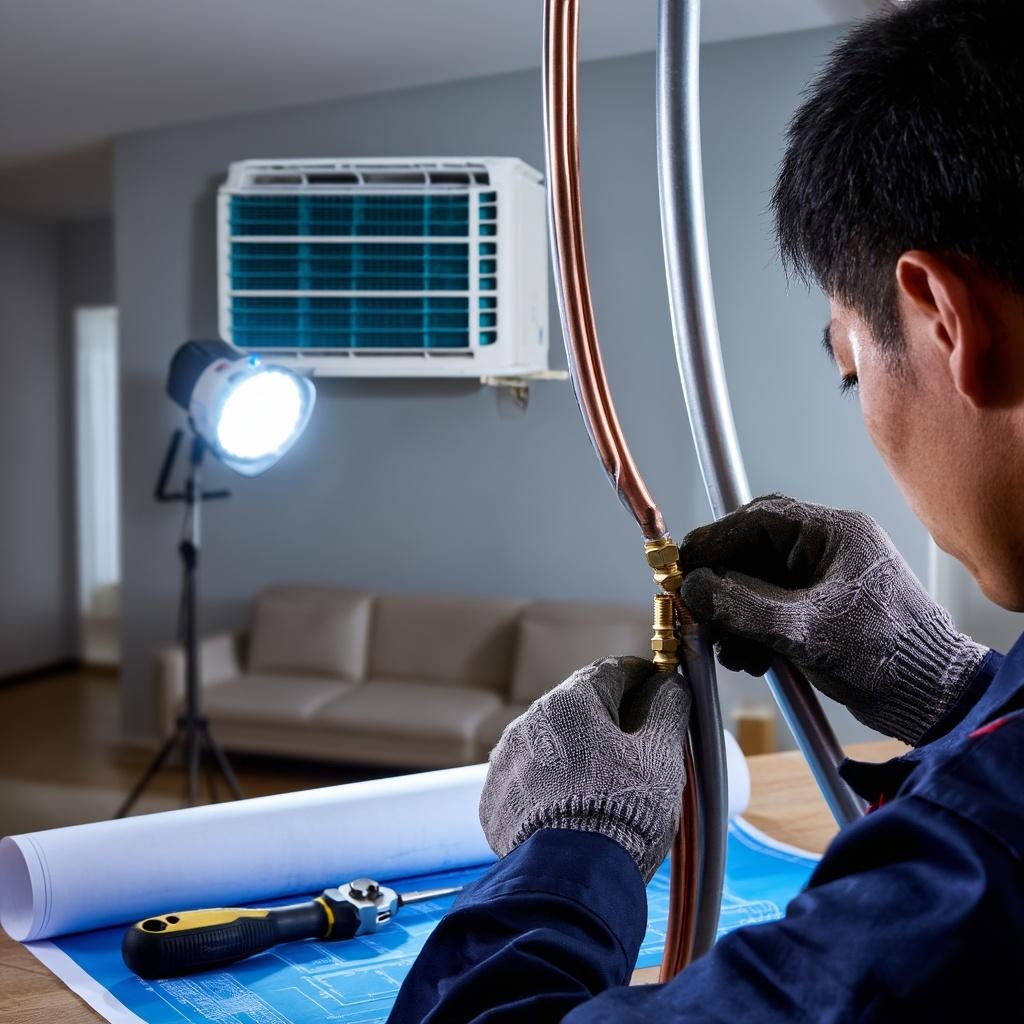 Expert installation of split system air conditioner by a technician in a living room.