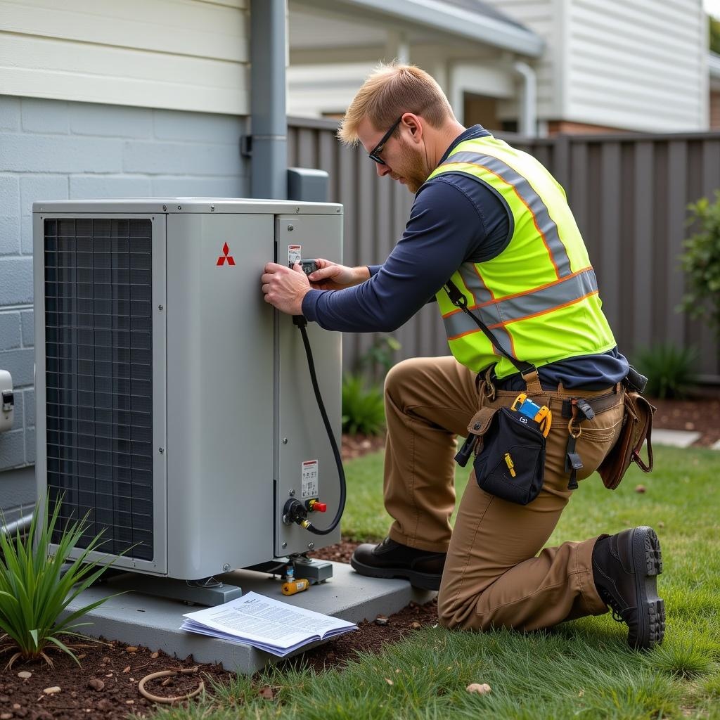 Technician in yellow vest kneels beside outdoor AC unit, performing energy-efficient installation in Brisbane.