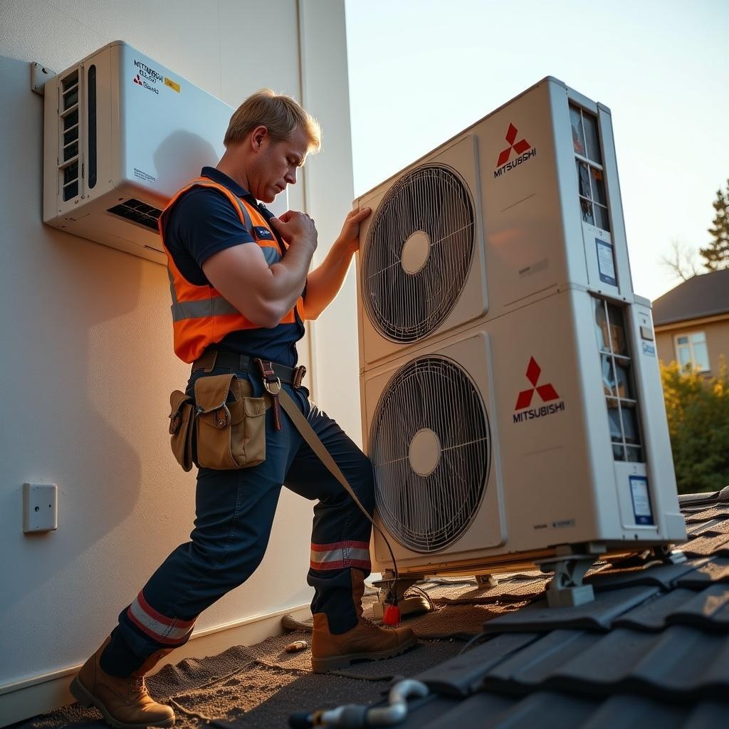 Technician in orange vest inspecting two Mitsubishi air conditioning units for energy efficient installation.
