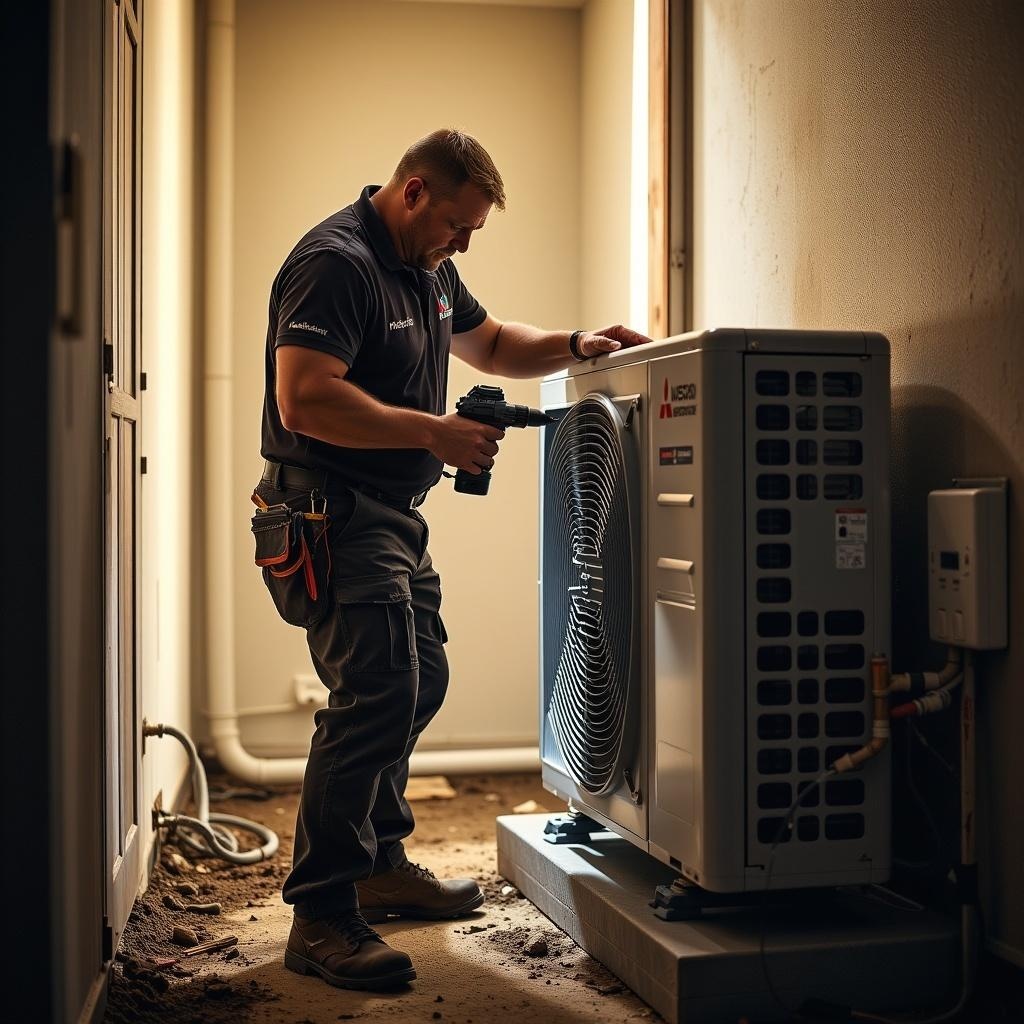 Technician performing energy efficient installation on an air conditioning unit in Brisbane.