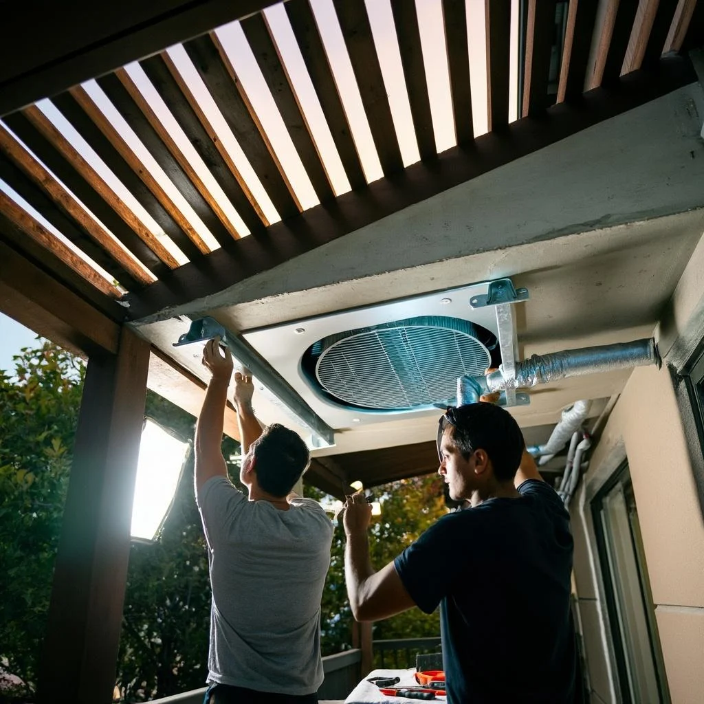 Two technicians performing a split system air conditioner installation on a patio with a scenic view, showcasing