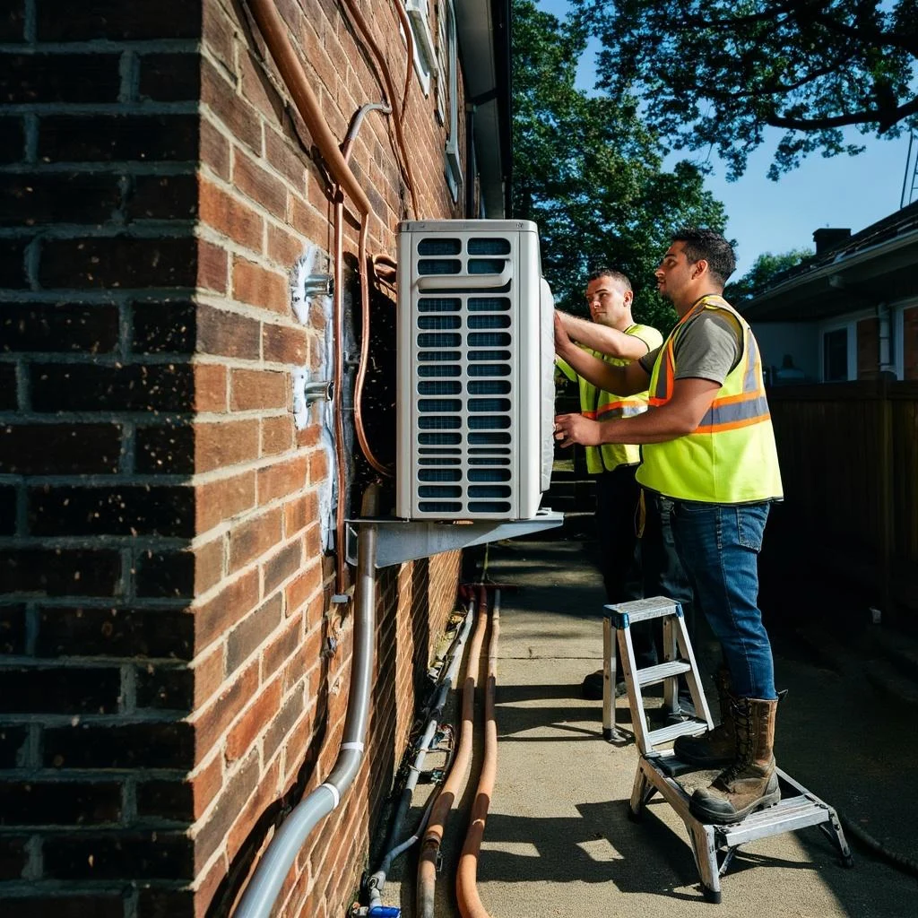 Two technicians performing professional split system air conditioner installation on an outdoor unit attached to a brick