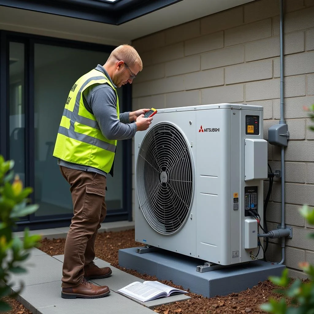 Technician in yellow vest performing split system air conditioner installation on a Brisbane home, ensuring optimal cooling.