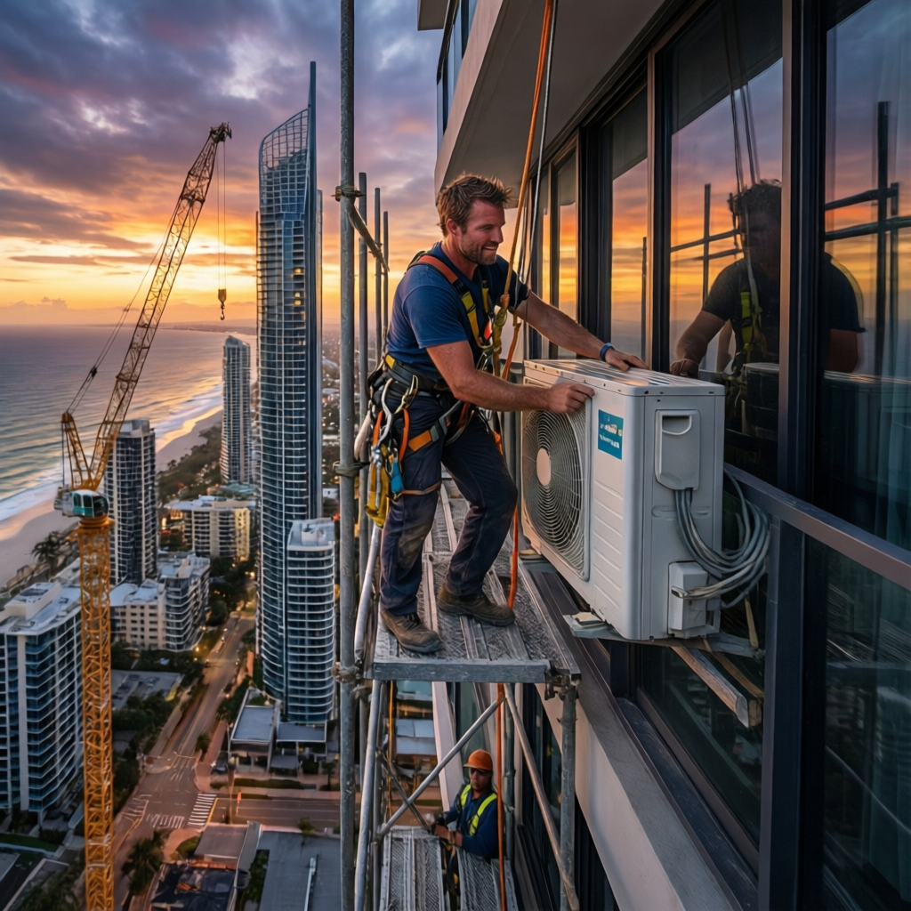 Technician calibrating airflow using an anemometer at a ceiling vent in Brisbane.