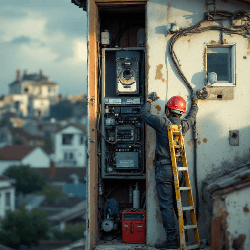 Technician in a red helmet upgrading electrical components to support a new split system installation in Brisbane.