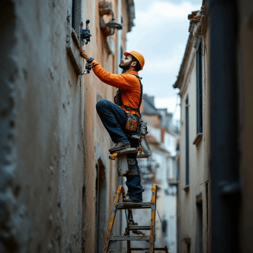 Technician in safety gear fine-tuning wiring for a split system installation on a brick wall during a residential job in