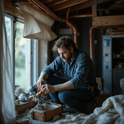 Technician focused on split system installation in a workshop with tools and a window view.