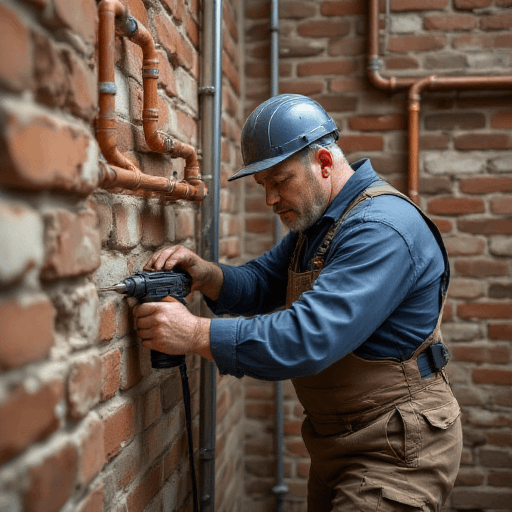 Elderly man performing split system installation by drilling into a brick wall in an industrial space with copper pipes.