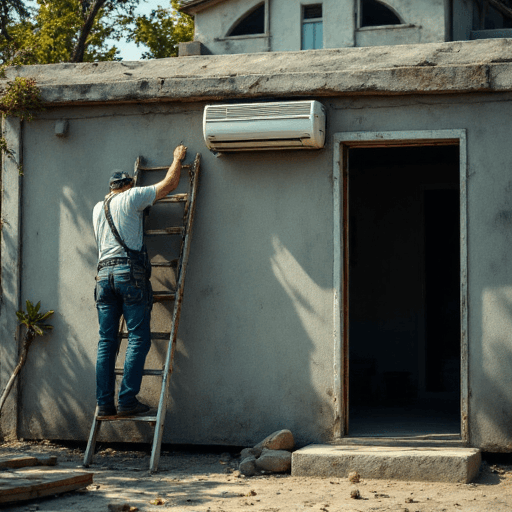 Elderly technician performing a split system installation on a rough concrete wall supported by wooden planks, under a