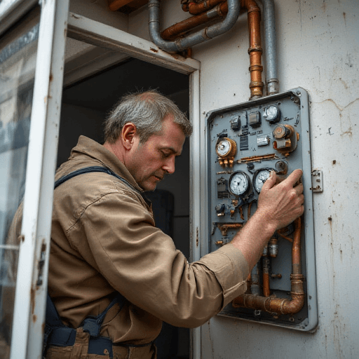 Elderly man studying an intricate control panel with gauges and pipes, understanding energy efficiency labelling in air