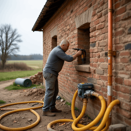 Senior installer working on brickwork with hoses, optimizing for energy efficiency labelling standards in Brisbane homes.