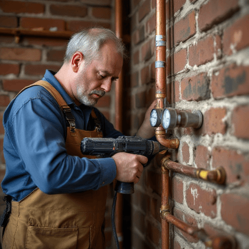 Elderly technician repairs copper pipes, focusing on energy efficiency labelling for Brisbane homes, ensuring optimal air