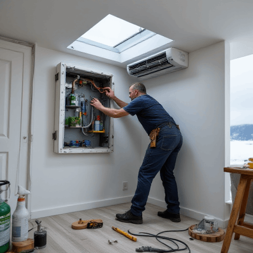 Experienced technician installing split system air conditioning unit in a Brisbane home, working on electrical components in