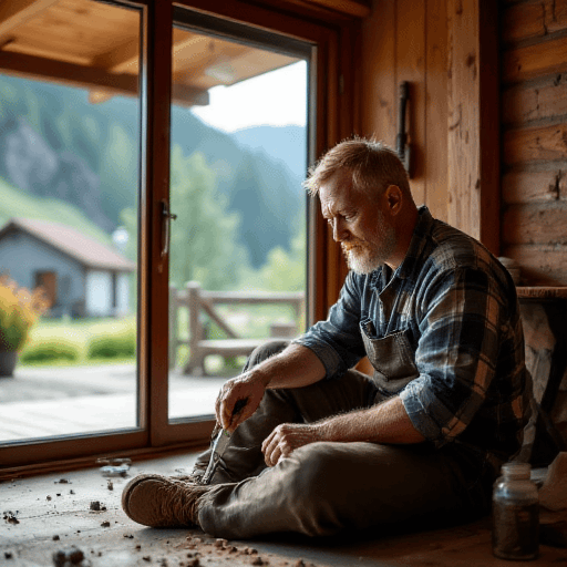 An elderly man sits thoughtfully near a window, considering split system air conditioning in a serene mountain setting.