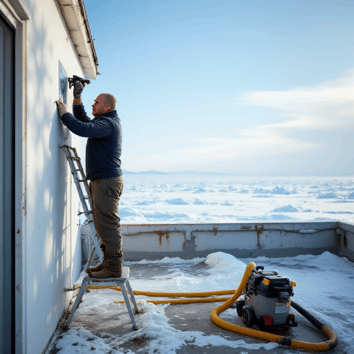 Elderly technician installing a split system air conditioning sensor on a white building, overlooking the Arctic Ocean. Call