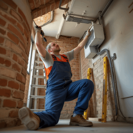 Elderly man diligently repairing an air conditioning unit during emergency air conditioning installation, suspended from a