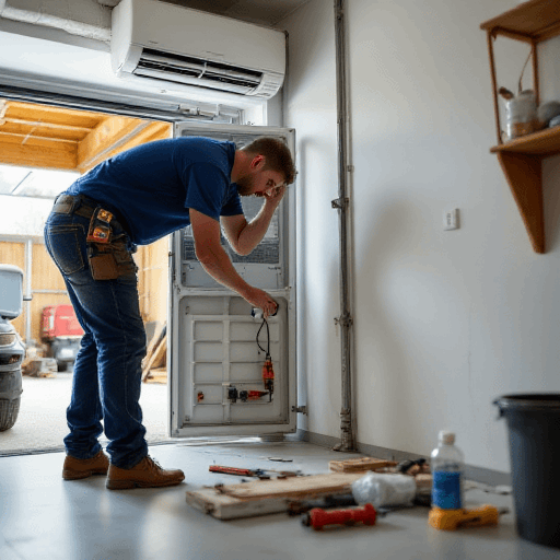 Professional technician performing emergency air conditioning installation on a unit in a well-lit garage, surrounded by