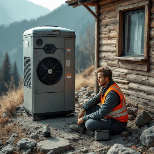 Technician in orange vest contemplates split system air conditioning installation beside a gray unit, with mountains in the