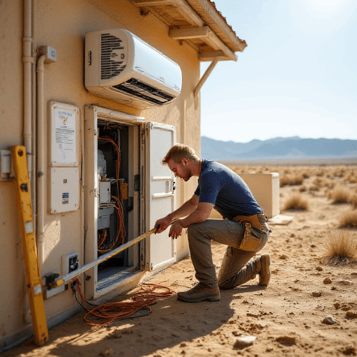 Electrician performing split system air conditioning installation on an outdoor unit in a scenic desert landscape, call 0420