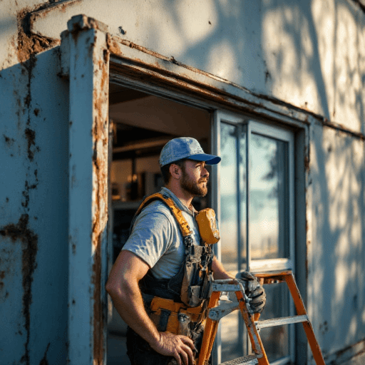 A technician in a blue work shirt and cap inspects a damaged exterior wall, holding a ladder, ensuring your split system air