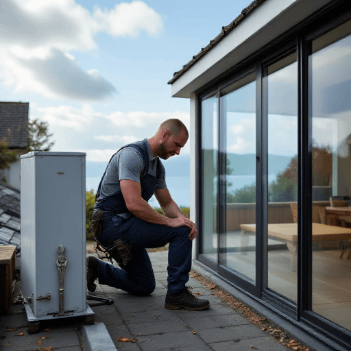 Technician kneeling by a split system air conditioning unit, overlooking a lake, analyzing the setup for optimal performance