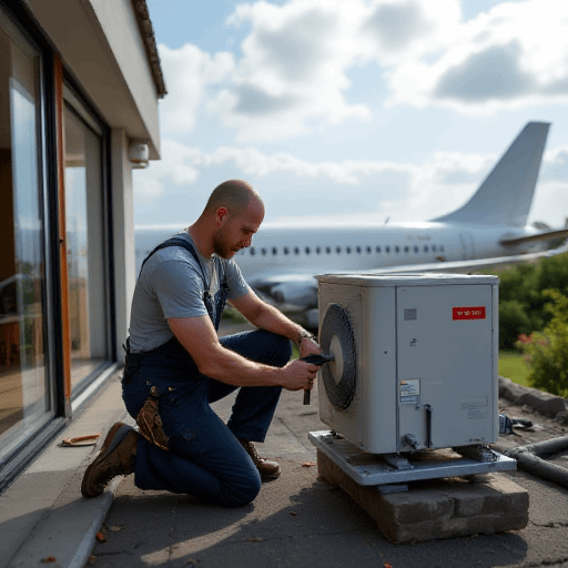 Technician repairs a split system air conditioner, focusing on split system drainage, with a modern house and distant