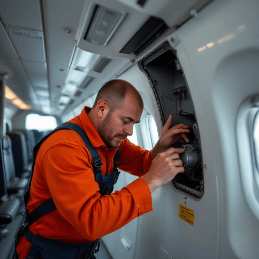 A technician wearing an orange uniform carefully works on securing a component inside an aircraft, demonstrating precision