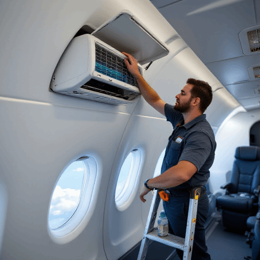 Professional technician performing split system air conditioning installation, standing on a ladder near a window on a