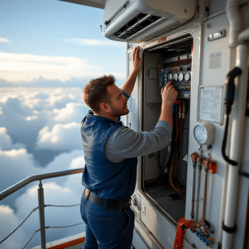 Expert technician in blue jumpsuit performing split system air conditioning installation on an aircraft, overlooking fluffy
