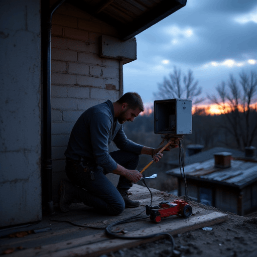 Technician kneeling on a wooden platform, performing split system air conditioning installation outdoors, surrounded by