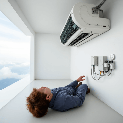 Man relaxes on floor enjoying cool air from a professionally installed split system unit, clouds in blue sky backdrop.