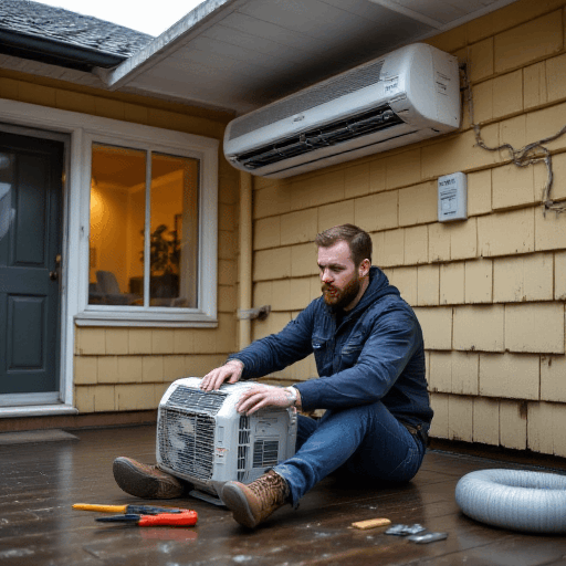 Technician performing split system installation, working on an outdoor air conditioning unit with tools.