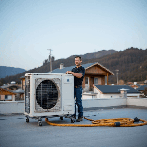 Technician completing split system installation on a white mini-split unit, overlooking Brisbane's rolling hills and houses.