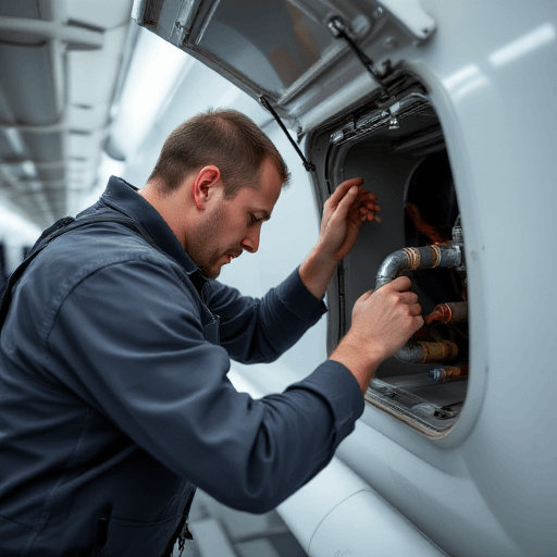 Professional technician carefully working on an aircraft's fuel line, reflecting the expertise behind their split system air