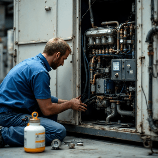 Technician working on split system air conditioning installation in Brisbane, surrounded by tools on a concrete floor