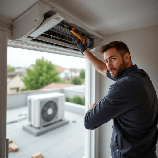 Technician installs a split system unit, focusing on back-to-back installation for optimal efficiency in a Brisbane home.