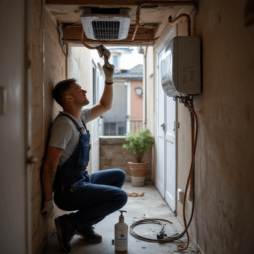 Ceiling air conditioner installation in an unfinished room where rising homelessness makes affordable cooling vital