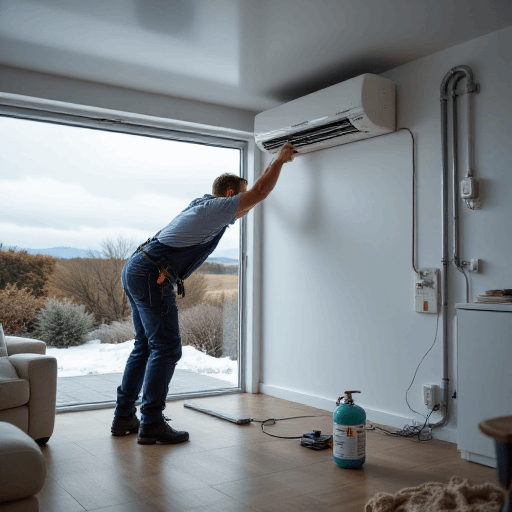 Air conditioning technician adjusts wall unit in warm modern home, contrasting rising homelessness and snow outside