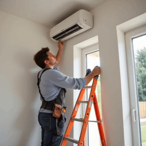 Technician in safety gear adjusting a wall-mounted unit, demonstrating the professional standard required for air