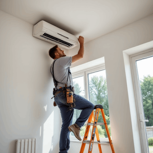 Professional technician standing on an orange ladder installing a unit, ensuring compliance with air conditioning approvals.