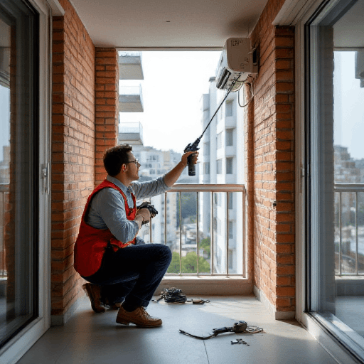 Technician in red vest mounts AC unit on brick wall, avoiding the common hvac install fails that plague DIY jobs.