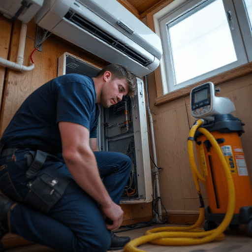 Technician kneels with diagnostic gear beside a vacuum after hvac install fails; expert repair at 0420 718827.