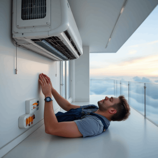 Technician lying on side checking a high-mounted split system air conditioner unit against a cloudy Brisbane skyline.