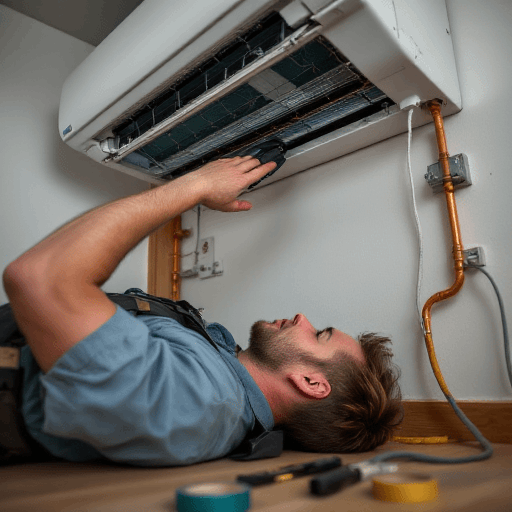 Technician in blue shirt repairing a white split system air conditioner on the floor during a Brisbane installation service