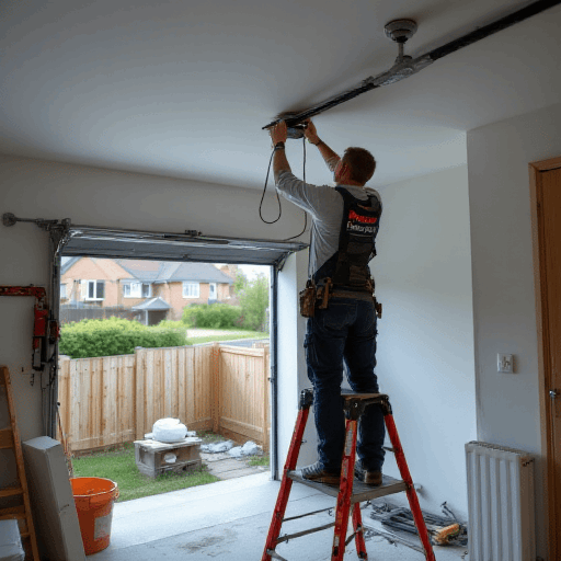 Air conditioning technician on stepladder repairing a garage door beside a suburban lawn in Brisbane