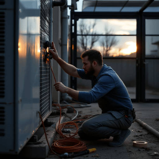 Split system installation technician in Brisbane connecting wiring on outdoor unit — call 0420 718827 for expert service.