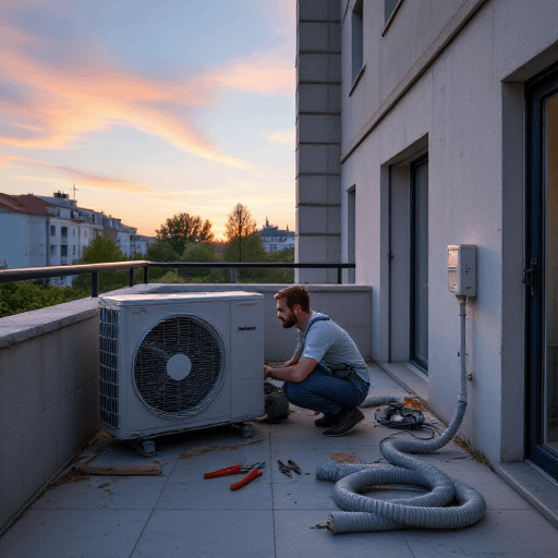 Technician crouched beside an outdoor unit on a balcony, showing how split system installation time varies with site