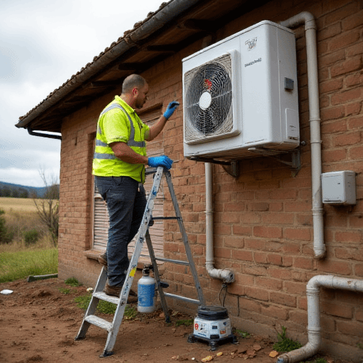 Technician on stepladder servicing outdoor unit, helping explain split system installation time